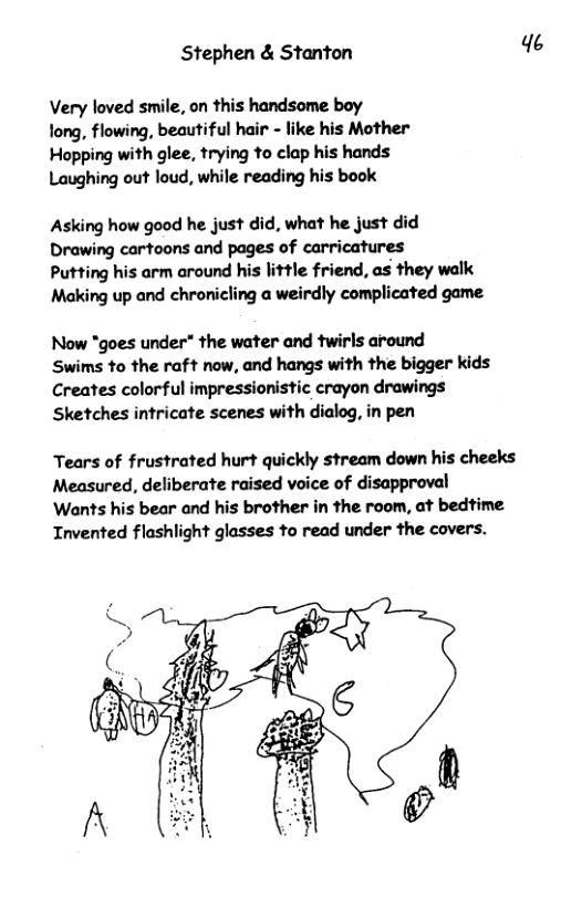 Stephen & Stanton 46 Very loved smile, on this handsome boy long, flowing, beautiful hair - like his Mother Hopping with glee, trying to clap his hands Laughing out loud, while reading his book Asking how good he just did, what he just did Drawing cartoons and pages of carricatures Putting his arm around his little friend, as they walk Making up and chronicling a weirdly complicated game Now "goes under” the water and twirls around Swims to the raft now, and hangs with the bigger kids Creates colorful impressionistic crayon drawings Sketches intricate scenes with dialog, in pen Tears of frustrated hurt quickly stream down his cheeks Measured, deliberate raised voice of disapproval Wants his bear and his brother in the room, at bedtime Invented flashlight glasses to read under the covers.